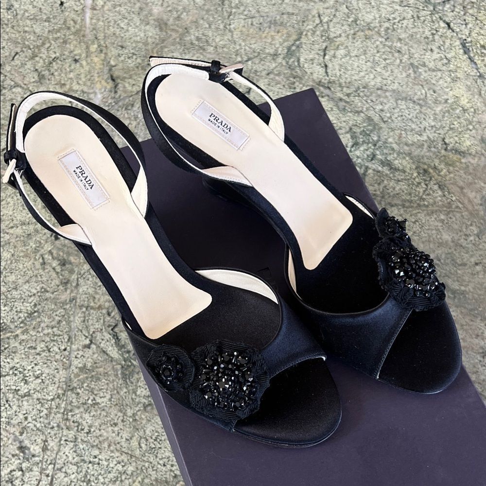 PRADA Black Wedge Sandals with Embellished Detail 38.5 - Picture 4 of 9